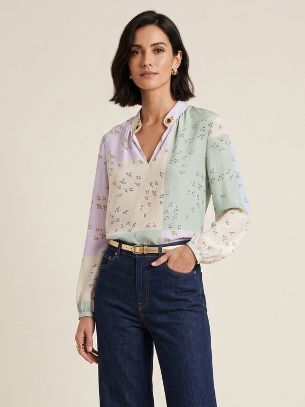 Tory Burch 100% Silk Bird Print Colorblock Blouse Gold Grommet Size 12